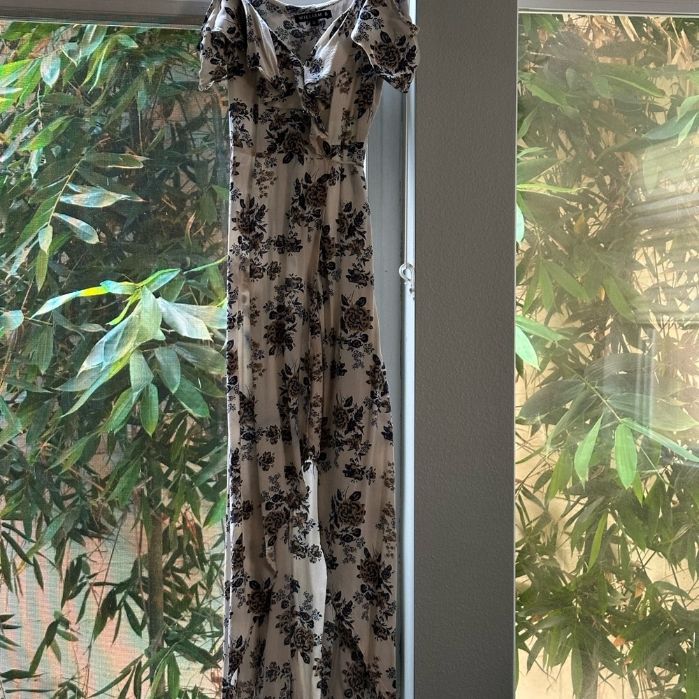 William B. Cream and Blue Floral Maxi Dress